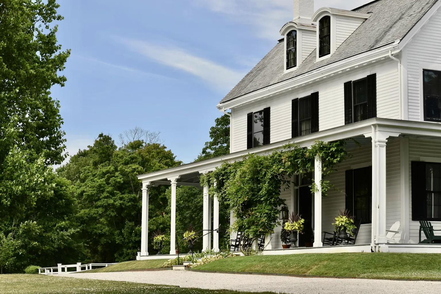 A white clapboard house with black shutters and a long porch hung with vines, tall trees beside it and a gravel drive in front.
