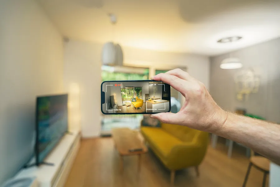 A hand holding a phone up to photograph a bright living room with a yellow sofa.